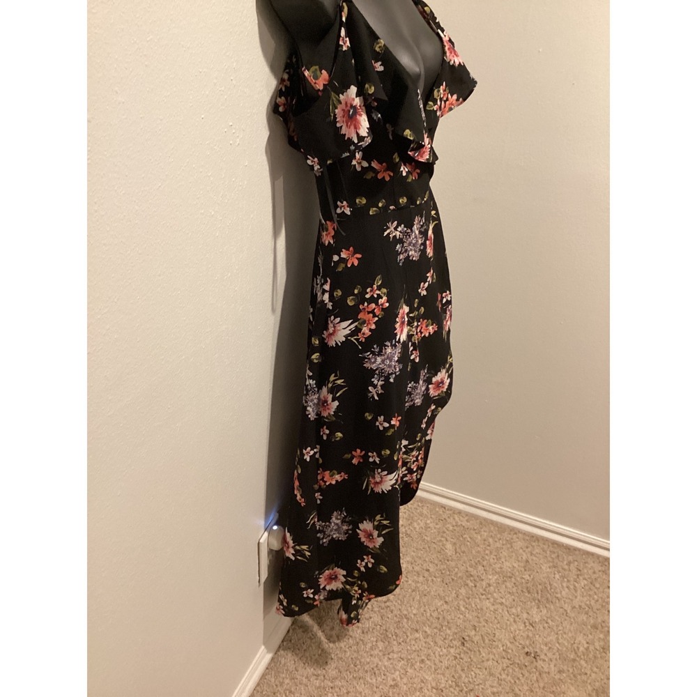IZ Byer Black Floral Cold Shoulder Ruffle Maxi Dress Size 1 - Picture 6 of 9